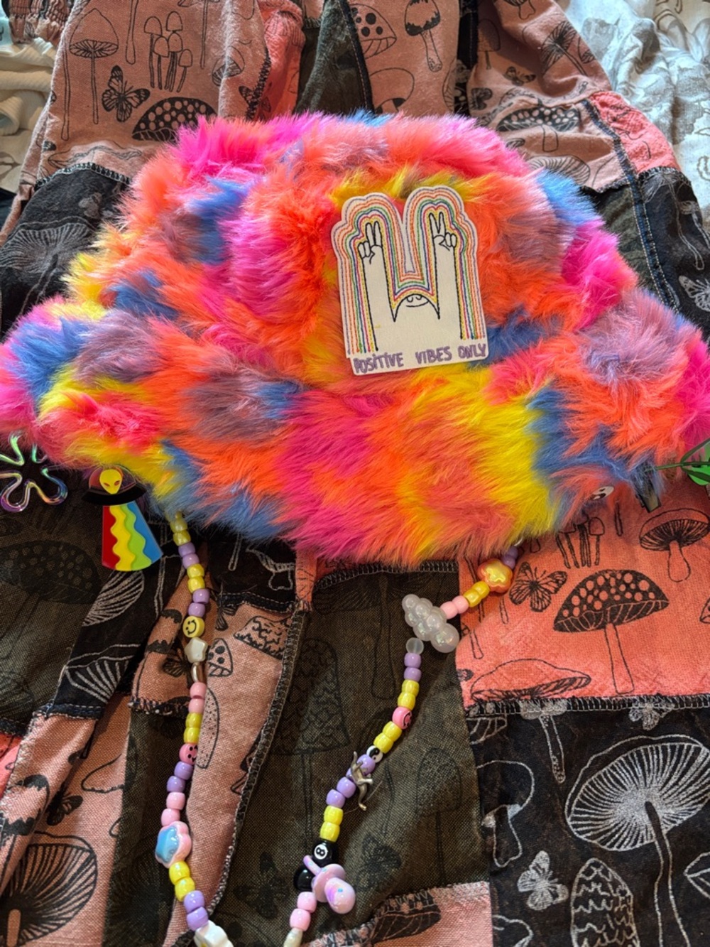 Positive Vibes Only Rave Rainbow Faux Fur Bucket Hat - Multicolor